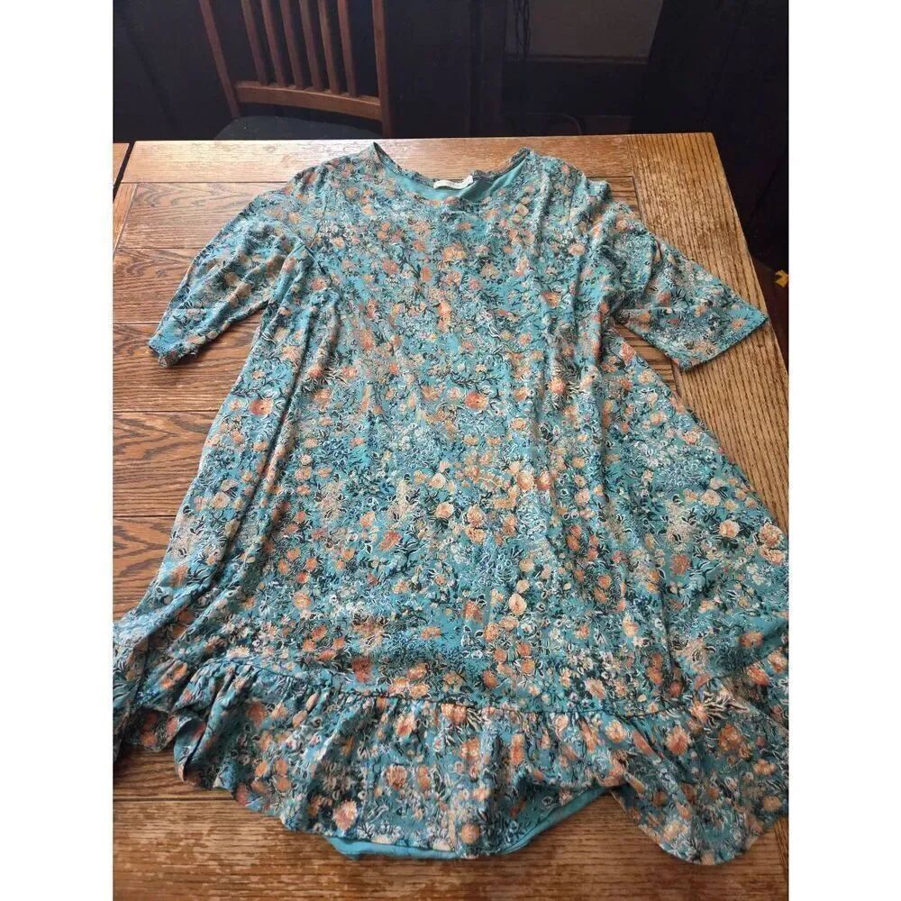 Peruvian Connection green&orange floral Ruffle Hem dress sz XL